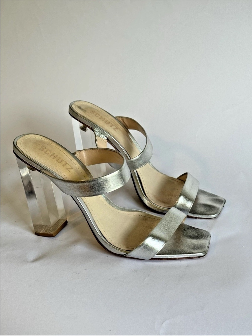 SCHUTZ Silver Metallic Clear Block Heel Slide Sandals Women’s 8